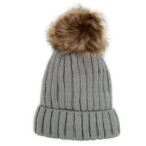 Women's Gray Knit Beanie Warm & Soft Winter Hat With Faux Fur Pom Pom/ Pouf